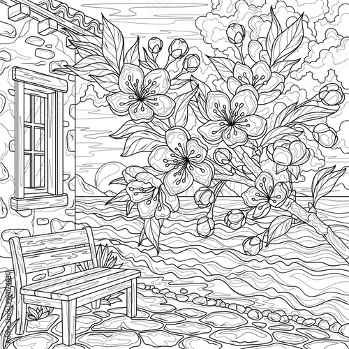 A blooming cherry branch near the sea and a house. Landscape.Coloring book antistress for children and adults.