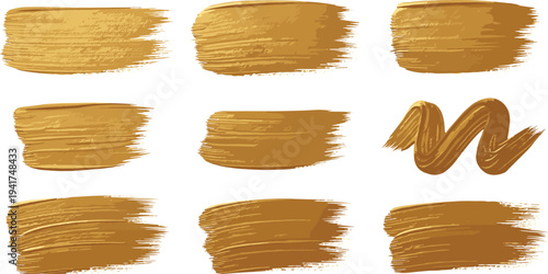 Gold paint brush strokes set with metallic texture, luxury acrylic dab elements, shiny golden oil smear, and artistic yellow makeup swatches.