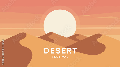 A vibrant desert landscape with a large sun setting behind mountains during a festival event
