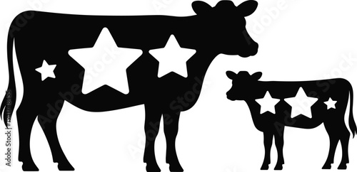 Cow and Calf Silhouette with Star Cutouts Against White Background