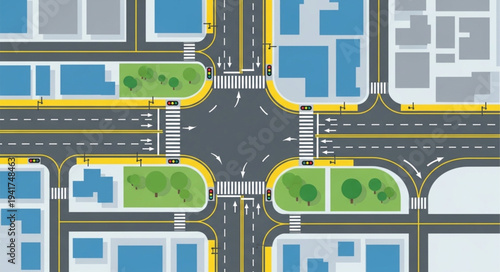 Aerial View of a City Intersection with Crosswalks and Green Spaces.