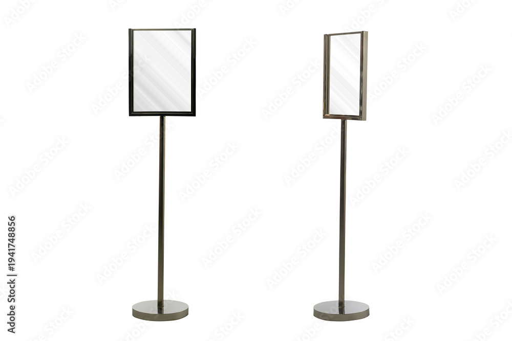 Fototapeta premium Professional floor-standing metallic sign holders with circular bases and empty white frames for menus or directional information, isolated on white background