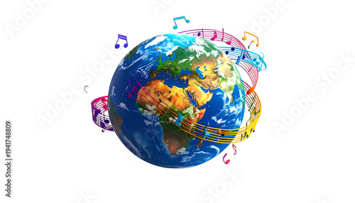 Globe encircling music notes in vibrant colors set against a black background.