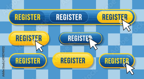 Multiple Register Buttons with Mouse Cursors on Blue Striped Background.