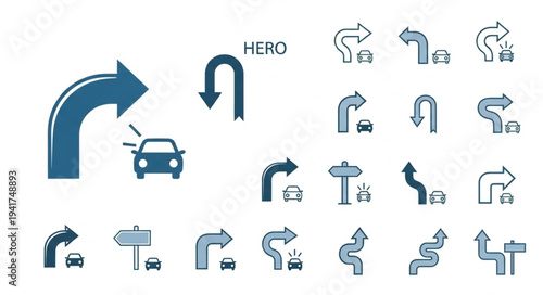 Road Sign Icons - Navigational Symbols for Direction and Guidance.