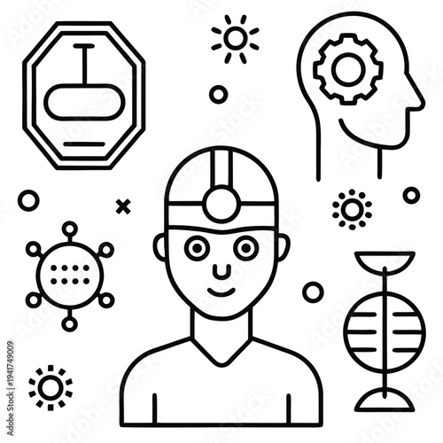 Depicting a scientist amidst an array of scientific concepts in a sleek, minimalist style. This illustration is perfect for highlighting innovation, research, and technological advancements.