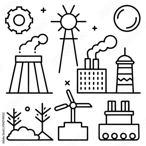 Illustration of industrial landscape featuring gear, sun, chimney, wind turbine, and a diverse range of structures, conveying ideas of industry, and sustainability.
