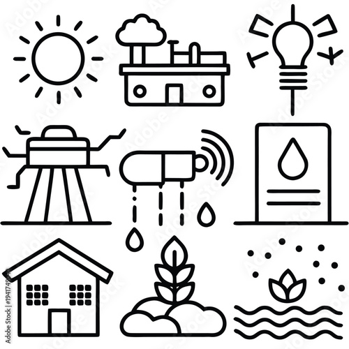 An array of the icons representing sustainable living and innovative, eco-conscious technology. This captivating image showcases essential elements of modern green practices.