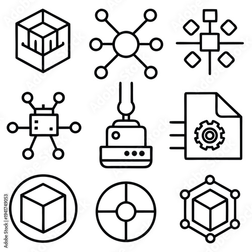 An array of line art illustrating the diverse realm of technology, showcasing the interconnection of various elements. 