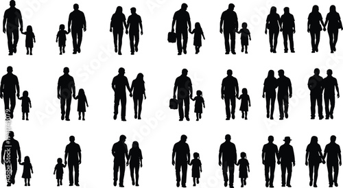 Large collection of black silhouettes of people walking together including families couples and parents with children isolated on white background for lifestyle design