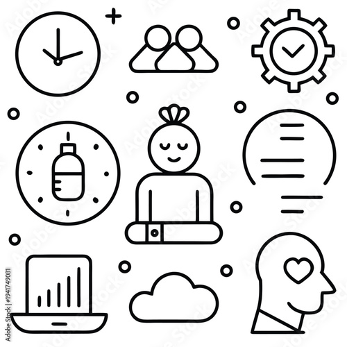 Minimalist Icons Illustrating Key Concepts of Mindfulness, Time Management, and Wellbeing. 