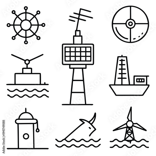 A collection of minimalist line art icons that perfectly capture the essence of nautical and maritime concepts.