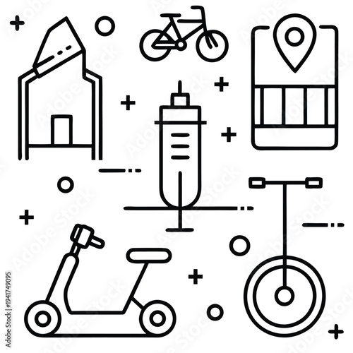 Urban mobility vector illustration, depicting transportation options like a bike, scooter, unicycle, bus stop, and location-based travel using technology.