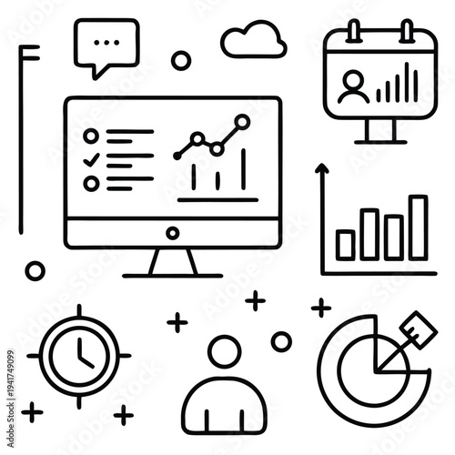 Depicting the elements of business strategy and progress on a light background, this illustration seamlessly blends technology, communication, and planning.