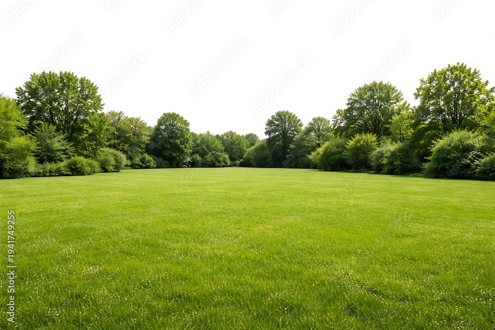 Obraz premium green grass on white backgroundWide green meadow with trees and bushes isolated on a white background.