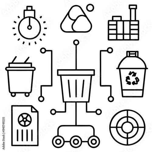 A network of interconnected factory components. Symbols of ideas and operations, emphasizing efficiency, recycling, and industry's ecological balance.