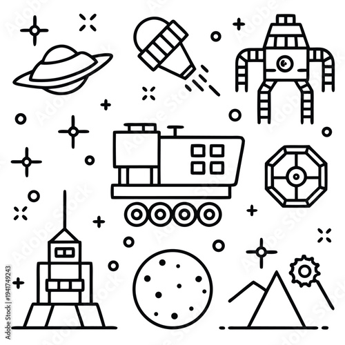 A set of creative space icons, depicting a variety of elements related to space exploration, stars, and celestial bodies.