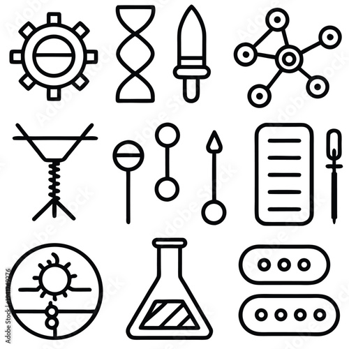 Scientific icons showcasing concepts of innovation, design, and discovery, symbolizing the intricate world of science and technology.