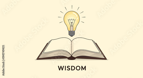 Illustration of an open book with a glowing lightbulb symbolizing wisdom and knowledge.