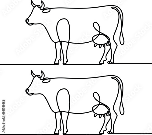 Two Cow Silhouettes Drawn with Single Line Side View Livestock Farm Animal Outline