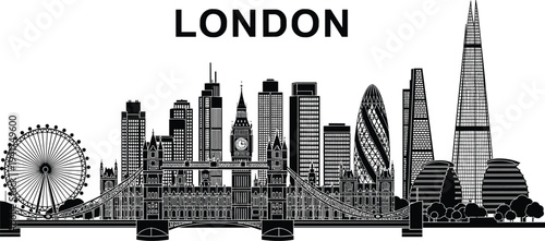 London City Skyline Silhouette Featuring Big Ben Tower Bridge London Eye and Modern Skyscrapers for United Kingdom Travel and Tourism