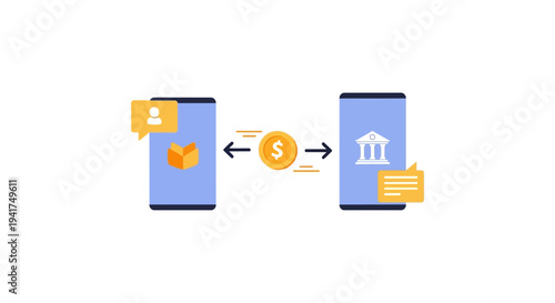 Digital Payment Transfer between Mobile App and Bank. Fintech Concept Illustration of Fast Online Banking Transaction, E-commerce, or Peer-to-Peer Sending.