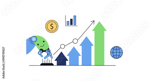 AI Financial Growth Optimization. Robot Arm Manipulating Stock Market Chart. Automated Business Success and Data Analysis Illustration.