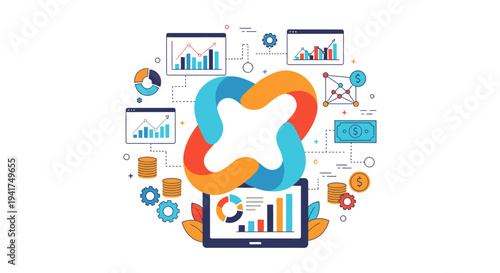 Integrated Data Analysis and Business Process Management. Vector illustration of Financial Dashboard, Synergy Loop, Charts, and Workflow Automation.