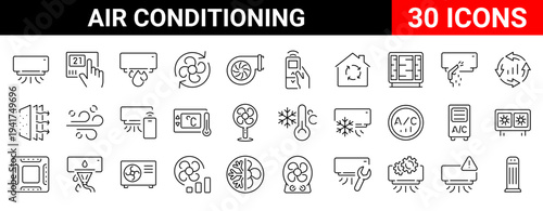 Modern air conditioning line icons set designed for HVAC systems, climate control and ventilation technology. Clean outline icons with editable stroke, perfect for heating and cooling services, smart