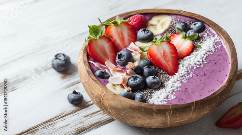 A wooden bowl containing a berry smoothie topped with fruits