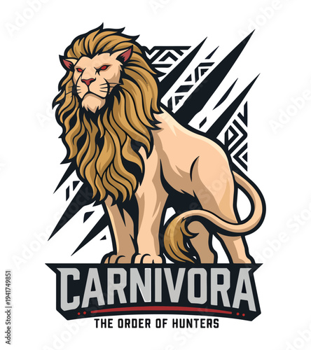 Carnivora the order of hunters T-shirt design lion mascot logo illustration with tribal elements and bold typography  T-shirt Design