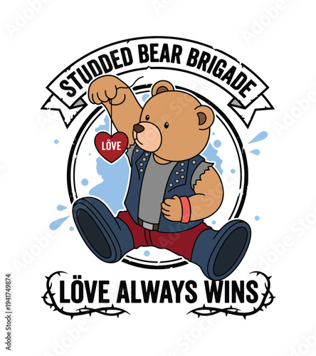 Cartoon teddy bear T-shirt design in punk outfit holding heart pendant and flexing arm muscles  T-shirt Design