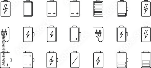 Set of battery charging and power energy icons with plug line symbols, electrical level indicators, and status UI vector elements