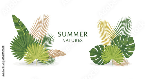 Vibrant summer tropical leaves arrangement with palm fronds