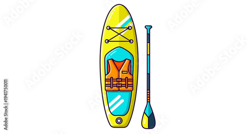 Vibrant stand up paddleboard with life jacket and paddle