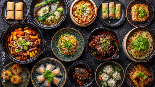 An assortment of Asian dishes beautifully arranged for a buffet display