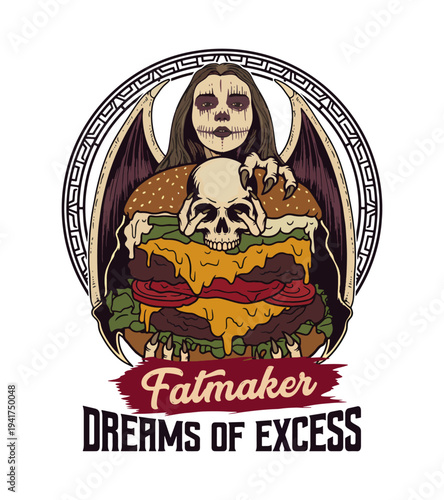 Gothic girl angel T-shirt design holding skull burger in hands with fatmaker and dreams of excess text isolated  T-shirt Design