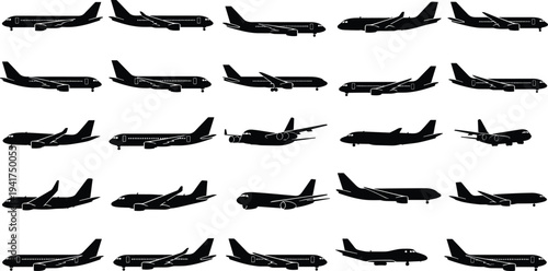Set of black airplane silhouettes and commercial jet aircraft icons isolated on white background for aviation travel and global logistics design