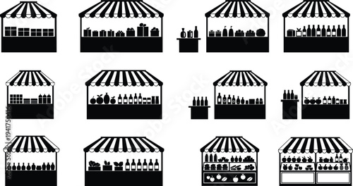 Set of black market stall silhouettes with striped awnings selling groceries food and drink isolated on white background for retail