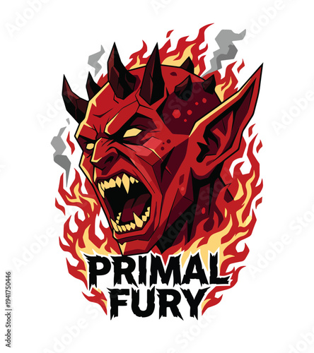 Red devil head with T-shirt design sharp teeth and horns surrounded by flames and primal fury text   T-shirt Design