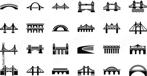 Set of Bridge Silhouettes Featuring Various Architectural Designs Including Suspension Arch and Tower Bridges for Civil Engineering and Travel Icons