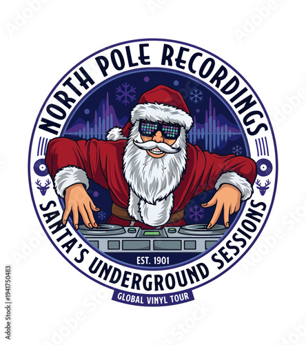 Santa Claus T-shirt design DJing with sunglasses and Christmas hat behind turntables in a circular logo with sound waves and snowflakes  T-shirt Design