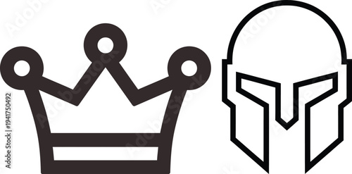 Contrast between a regal crown and a spartan warrior helmet.