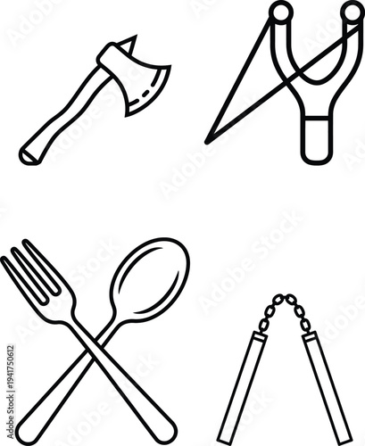 Assorted historical and functional tools and utensils depicted in a simple line drawing