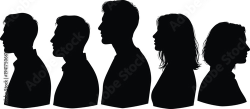 Black silhouettes set of diverse men and women head profiles looking sideways isolated on white background for social media identity and community diversity concepts