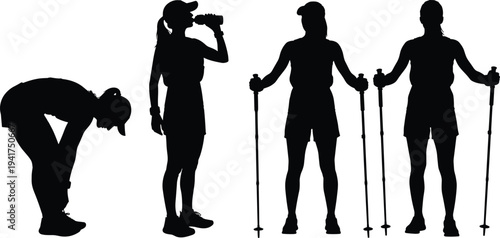 Black silhouettes set of active women engaged in Nordic walking and fitness training including stretching and drinking water isolated on white background for health