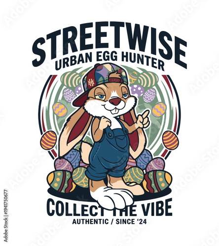 Urban easter bunny T-shirt design wearing denim overalls and a trendy baseball cap surrounded by colorful easter eggs on transparent background T-shirt Design