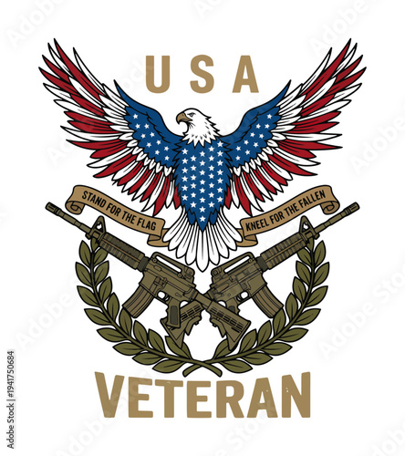 USA veteran eagle T-shirt design emblem with rifles and laurel wreath  patriotic symbol for american veterans  T-shirt Design