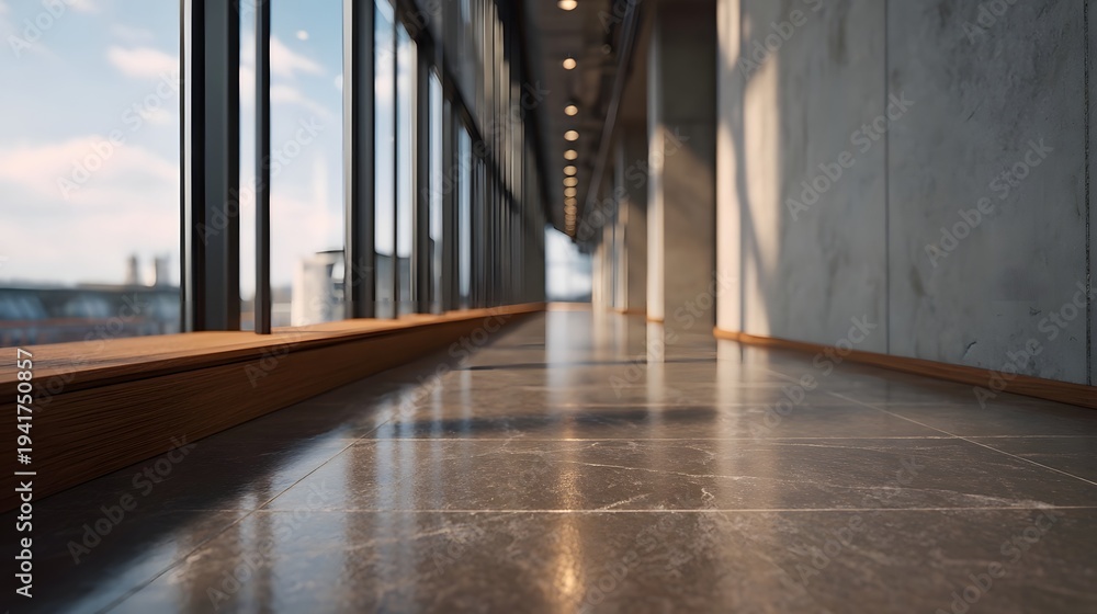 Obraz premium A modern minimalist interior hallway with concrete walls large and a bright reflective floor viewed from a low angle