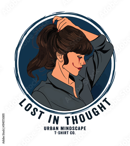 Young woman T-shirt design lost in thought with hand in her hair illustration on transparent background for urban mindset designs T-shirt Design